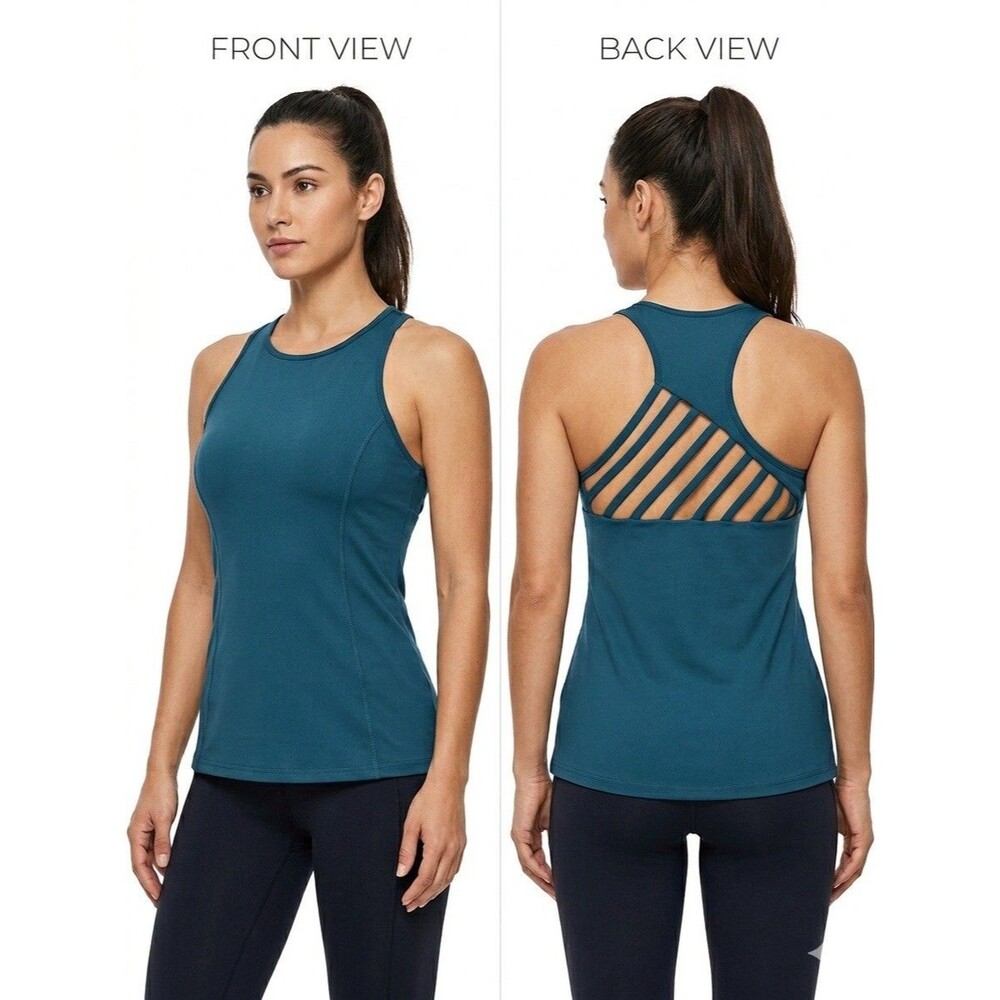 Kyodan Strappy Cage Back Racerback Yoga Tank Top Built-in Bra Teal Blue Small